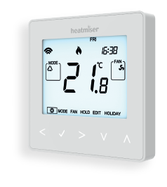 Image of a neoStat - HC a smart thermostat with the ability to control Heating and cooling systems with an LCD display showing temperature and control configuration