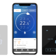 neostat pro and touch thermostats lined up with neopro app on a mobile.